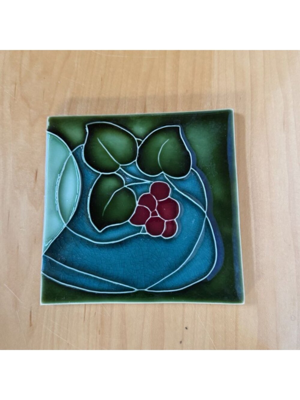 Art Nouveau Vintage Ceramic Tile Majolica Style Green Trivet Winery Decor Green